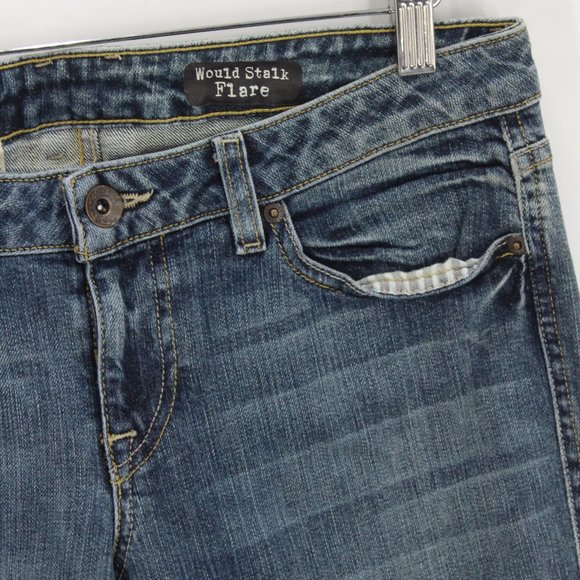 Vintage Volcom Women's Design Would Stack Flare Denim Blue Bootcut Denim Jeans 9 - Picture 6 of 11